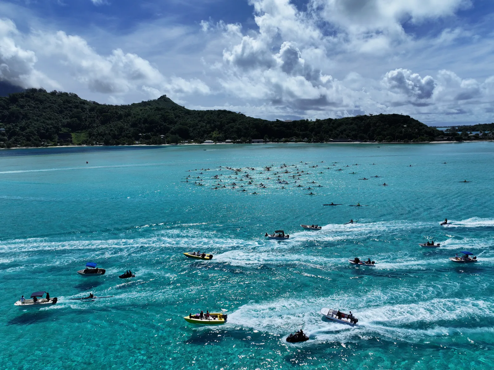 TALIFIT Race — drone view of Va'a paddlers racing in Bora Bora lagoon